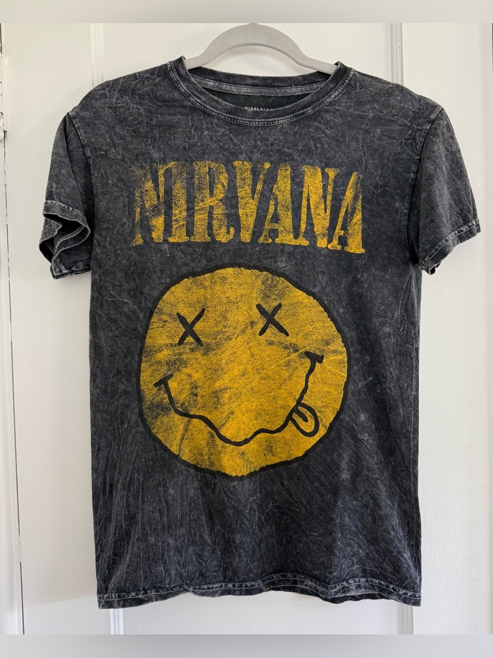 NIRVANA Graphic T-Shirt Yellow Smiley Graphic Black Marble Sz Small 100% Cotton